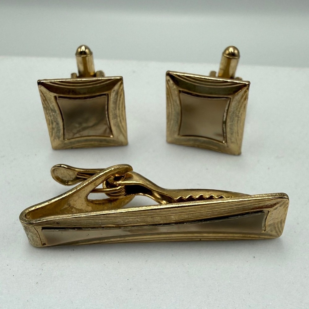 Vintage Gold Tone Cufflinks and Tie Clip Set Square Tan Inlay Mid Century Modern